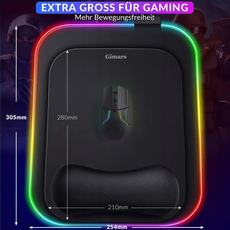 GIMARS RGB Gaming Muismat met Polssteun Ergonomisch Antislip — foto 2