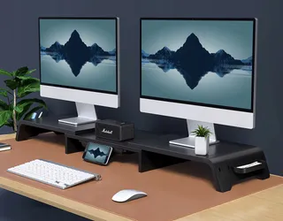 FENGE Houten Dual Monitorstandaard PC TV Laptop Verstelbaar — miniatuur 2