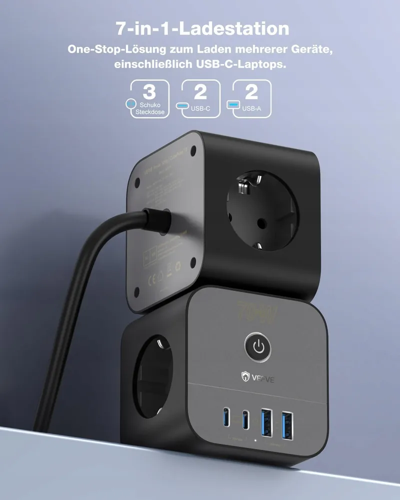 VEFVE USB-C Lader 70W Stekkerdoos 7-in-1 3m Snelladen — foto 3