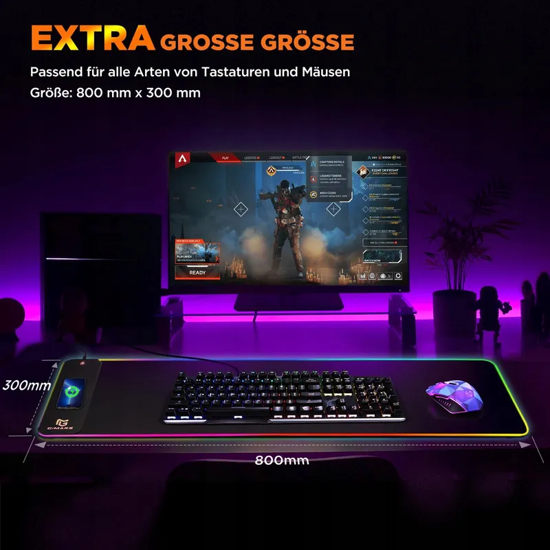 GIMARS Gaming Muismat RGB XXL 800x300x5mm Draadloos Laden 15W — foto 7