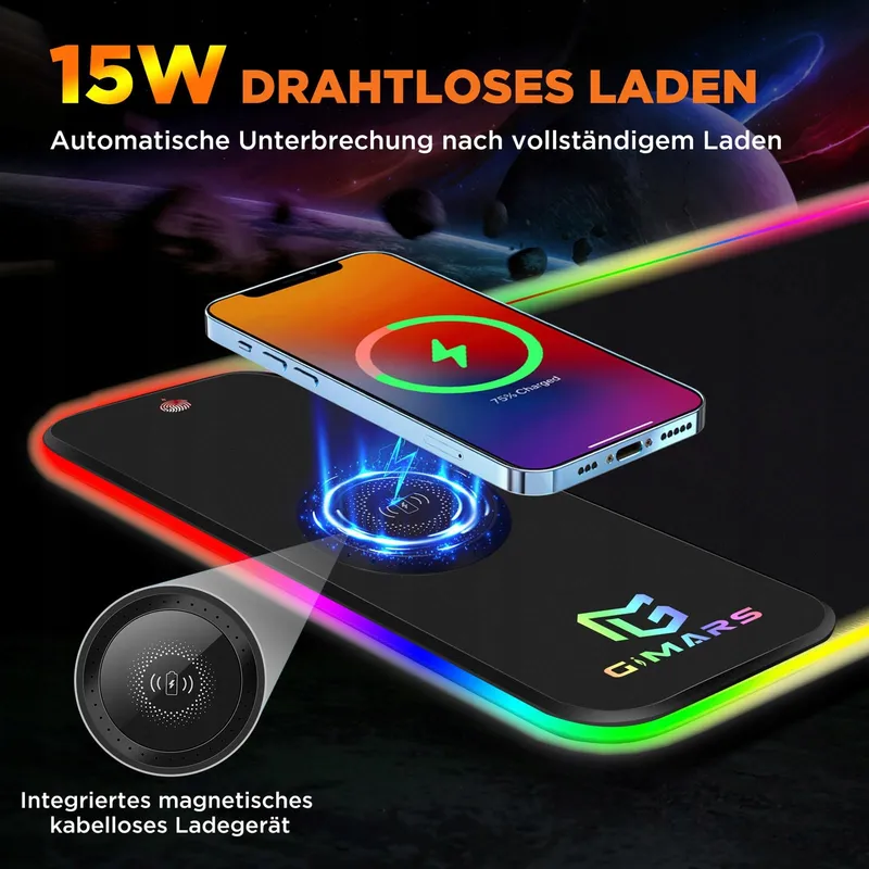 GIMARS Gaming Muismat RGB XXL 800x300x5mm Draadloos Laden 15W — foto 3