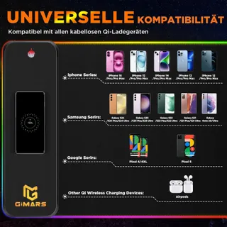 GIMARS Gaming Muismat RGB XXL 800x300x5mm Draadloos Laden 15W — miniatuur 4