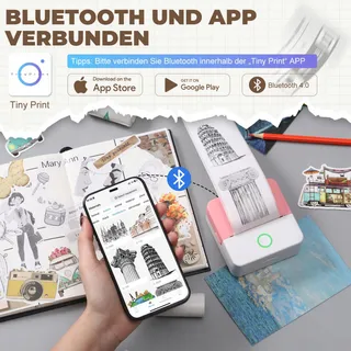 PRAOAHEI Mini Thermische Printer Bluetooth Foto's Notities Roze — miniatuur 2