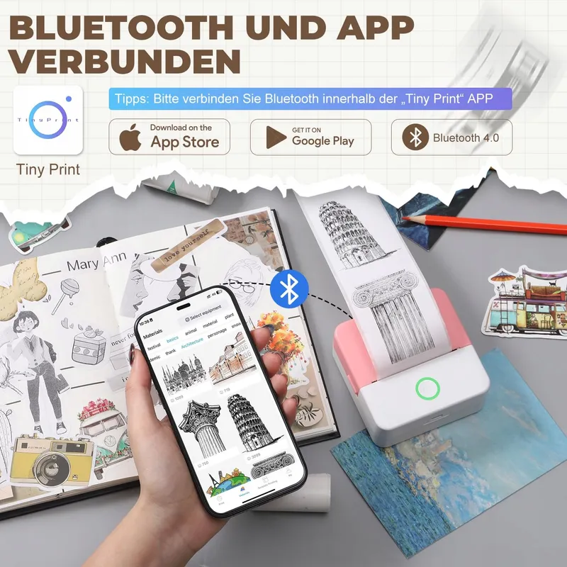 PRAOAHEI Mini Thermische Printer Bluetooth Foto's Notities Roze β foto 2