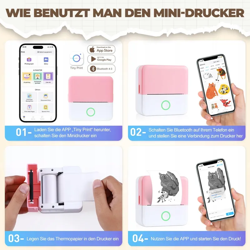 PRAOAHEI Mini Thermische Printer Bluetooth Foto's Notities Roze β foto 4