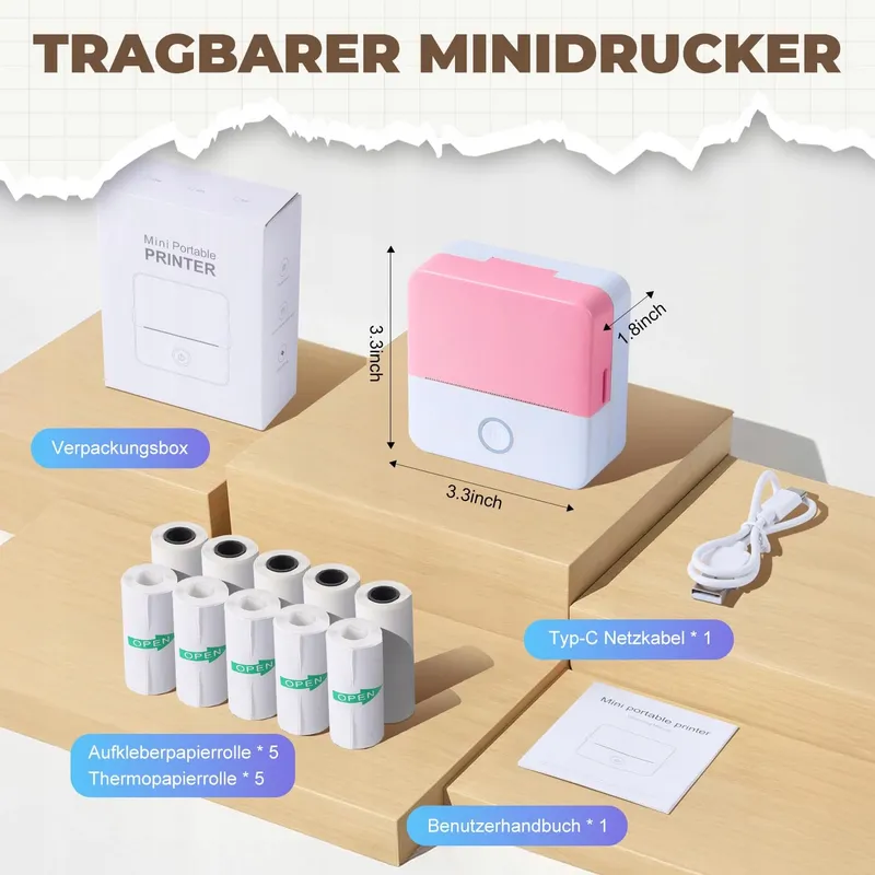 PRAOAHEI Mini Thermische Printer Bluetooth Foto's Notities Roze β foto 6