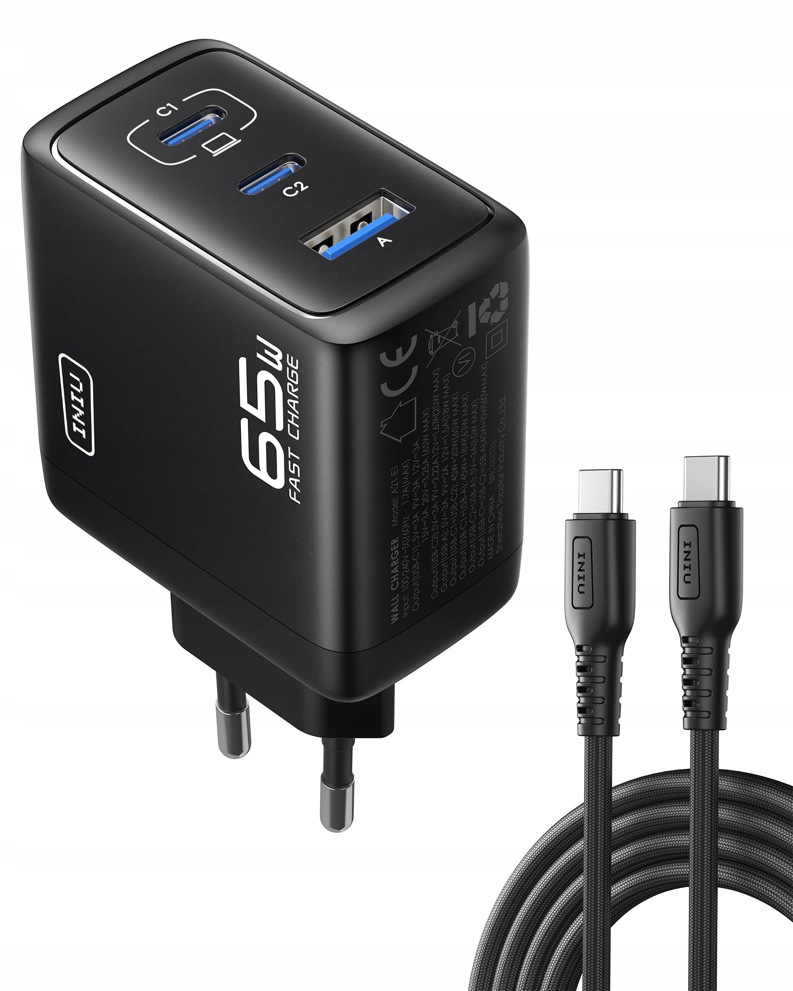 INIU 65W USB C Oplader met Kabel Snelladen iPhone iPad Samsung