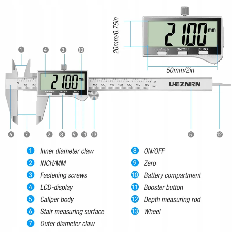 UEZNIRN Digitale Schuifmaat LCD Waterdicht Stofdicht Etui — foto 5