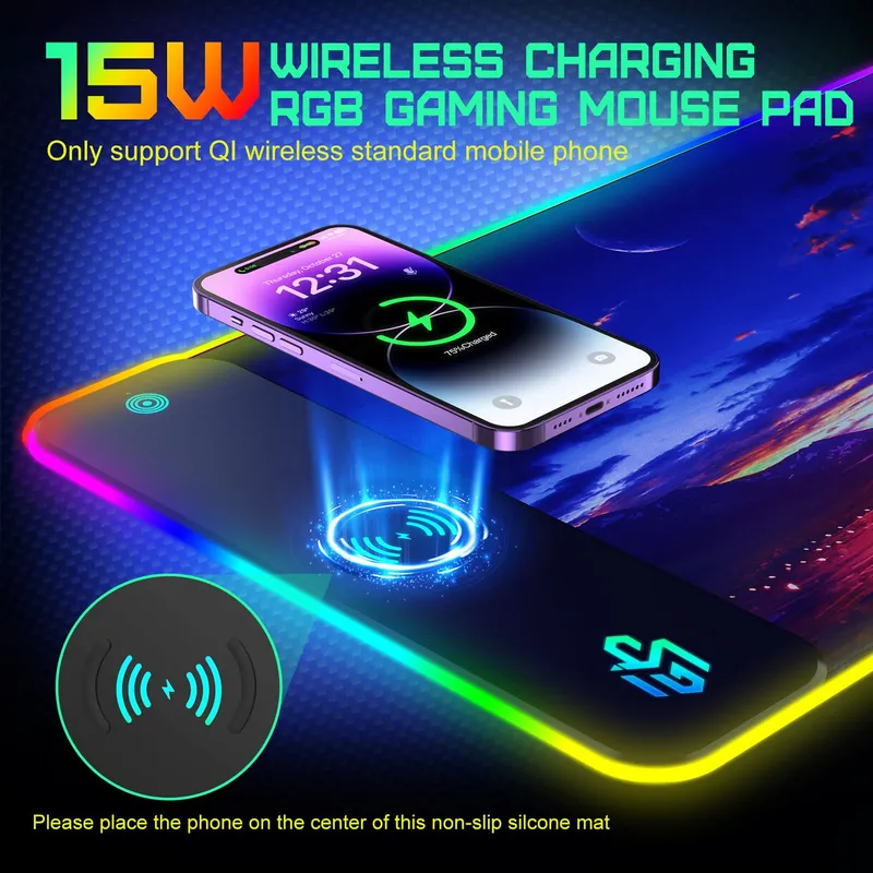 GIM RGB Gaming Muismat LED Waterdicht Qi 15W — foto 2