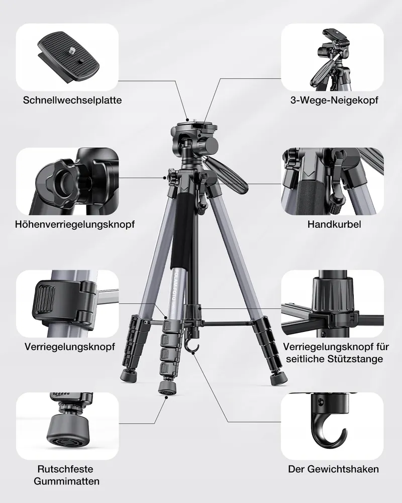 POLAM-FOTO Statief Aluminium 188cm Camera Telefoon Grijs — foto 6
