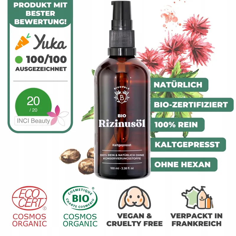 BIONOBLE Ricinusolie Bio Koudgeperst 100ml Voor Haar Wenkbrauwen Wimpers — foto 2