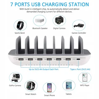 PRITEK USB Laadstation 60W 12A 7 Poorten USB-C Kabels Wit — miniatuur 2