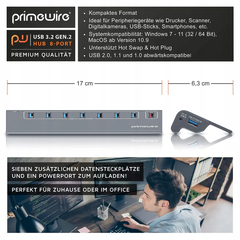CSL 8-Poorts USB 3.2 Gen2 Hub 10Gbit/s Voeding PC Laptop Tablet — foto 2