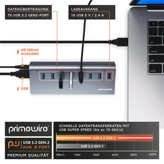 CSL 8-Poorts USB 3.2 Gen2 Hub 10Gbit/s Voeding PC Laptop Tablet — miniatuur 5