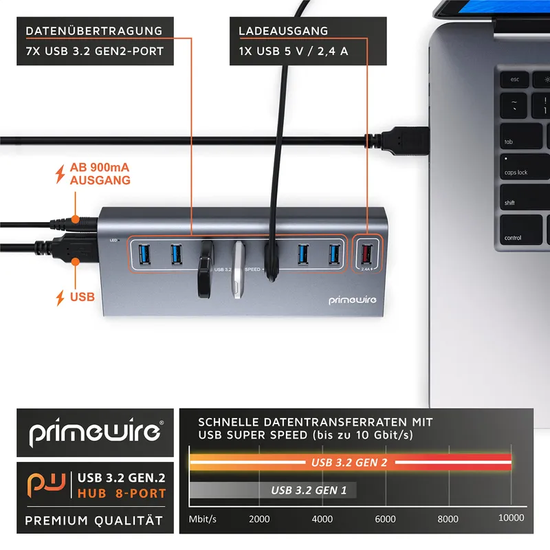 CSL 8-Poorts USB 3.2 Gen2 Hub 10Gbit/s Voeding PC Laptop Tablet — foto 5