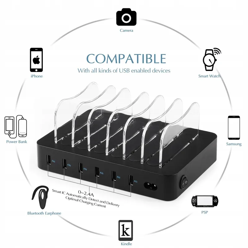 PRITEK USB Laadstation 50W 6 Poorten Voor Telefoons Tablets Koptelefoons — foto 4