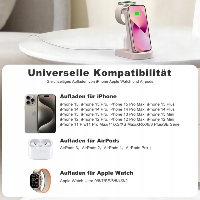 INNISTO Draadloze Oplader 3-in-1 18W iPhone Apple Watch AirPods Roze — foto 2