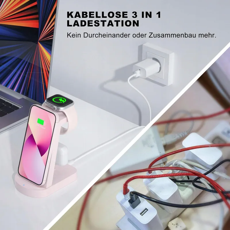 INNISTO Draadloze Oplader 3-in-1 18W iPhone Apple Watch AirPods Roze — foto 4