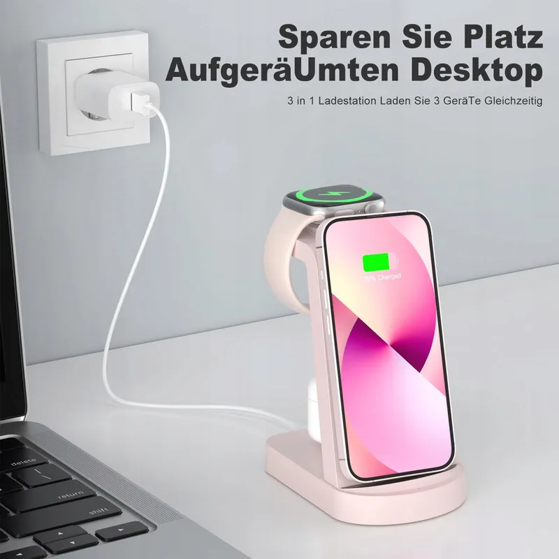 INNISTO Draadloze Oplader 3-in-1 18W iPhone Apple Watch AirPods Roze — foto 7