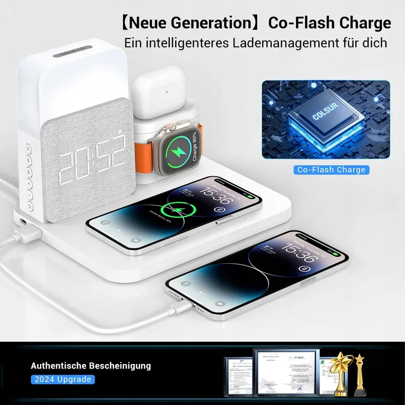 COLSUR Laadstation 3-in-1 Apple Watch iPhone AirPods Lamp Wekker — foto 2
