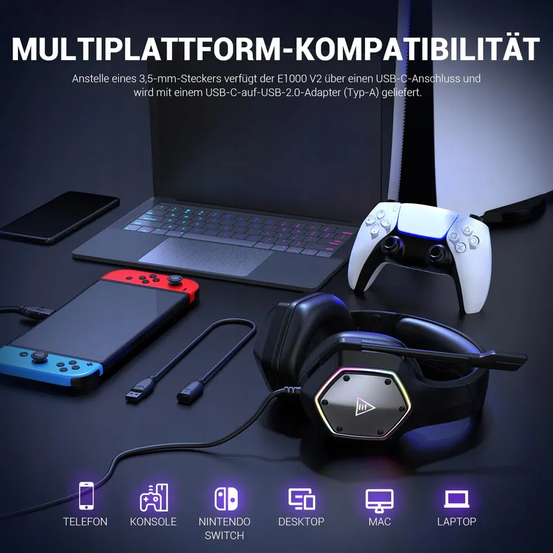 EKSA E1000V2 Gaming Headset USB-C USB-A Mic 7.1 RGB PC PS4 PS5 — foto 5