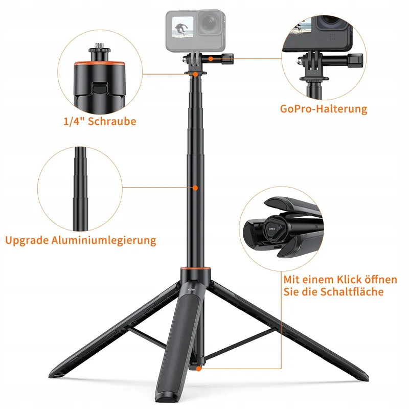 VRIG TP-21 Statief 140cm Licht Telescopisch Selfie Insta360 Actiecamera — foto 4