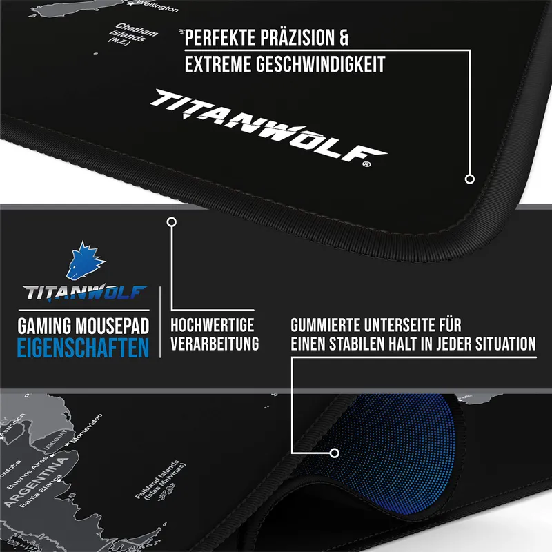 TITANWOLF XXL Gaming Muismat 900x400mm Wereldkaart Zwart — foto 4