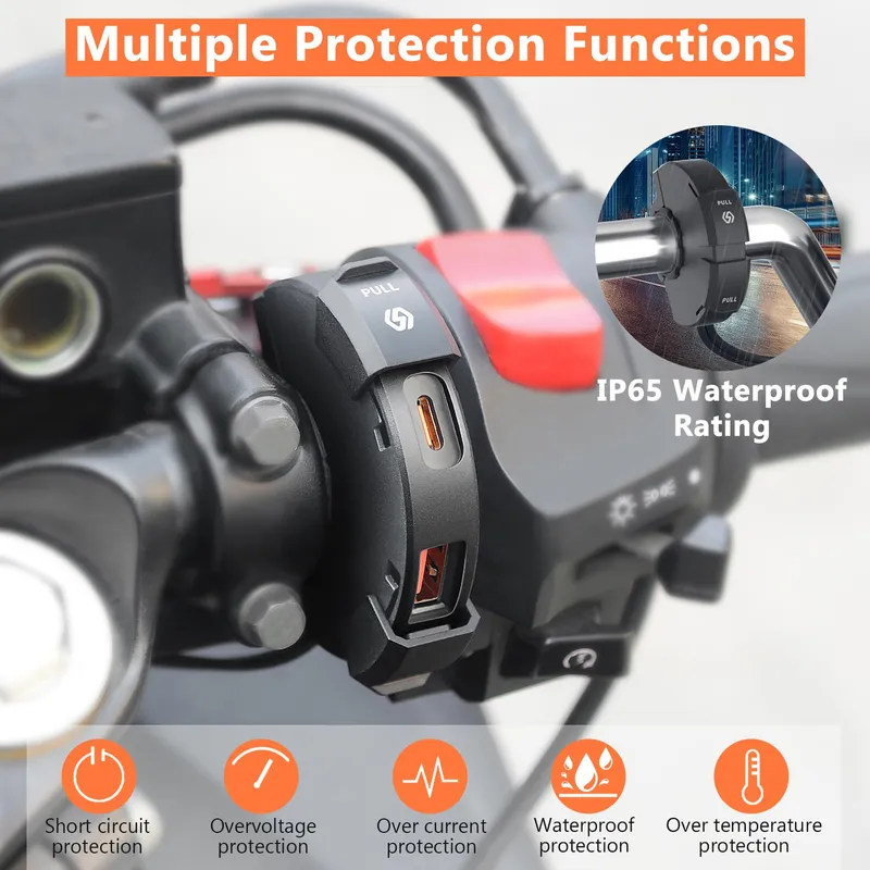 GIANTDEER Waterdichte Motorlader USB C QC3.0 48W 12V/24V — foto 3