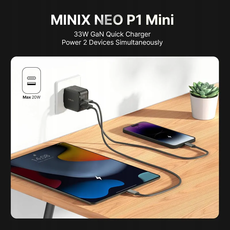 MINIX NEO P1 Mini 33W GaN Oplader USB-C USB-A — foto 3