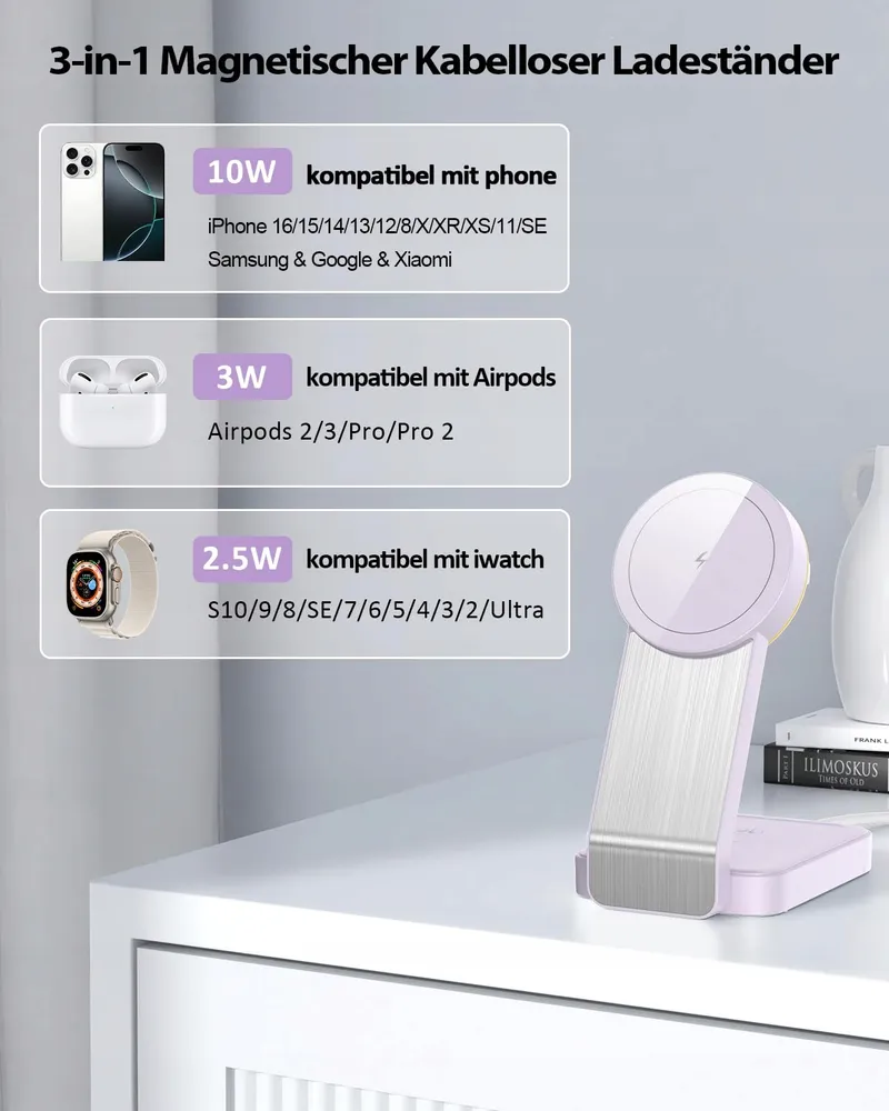 ADADPU Opvouwbare Draadloze Oplader 3-in-1 iPhone Apple Watch — foto 2