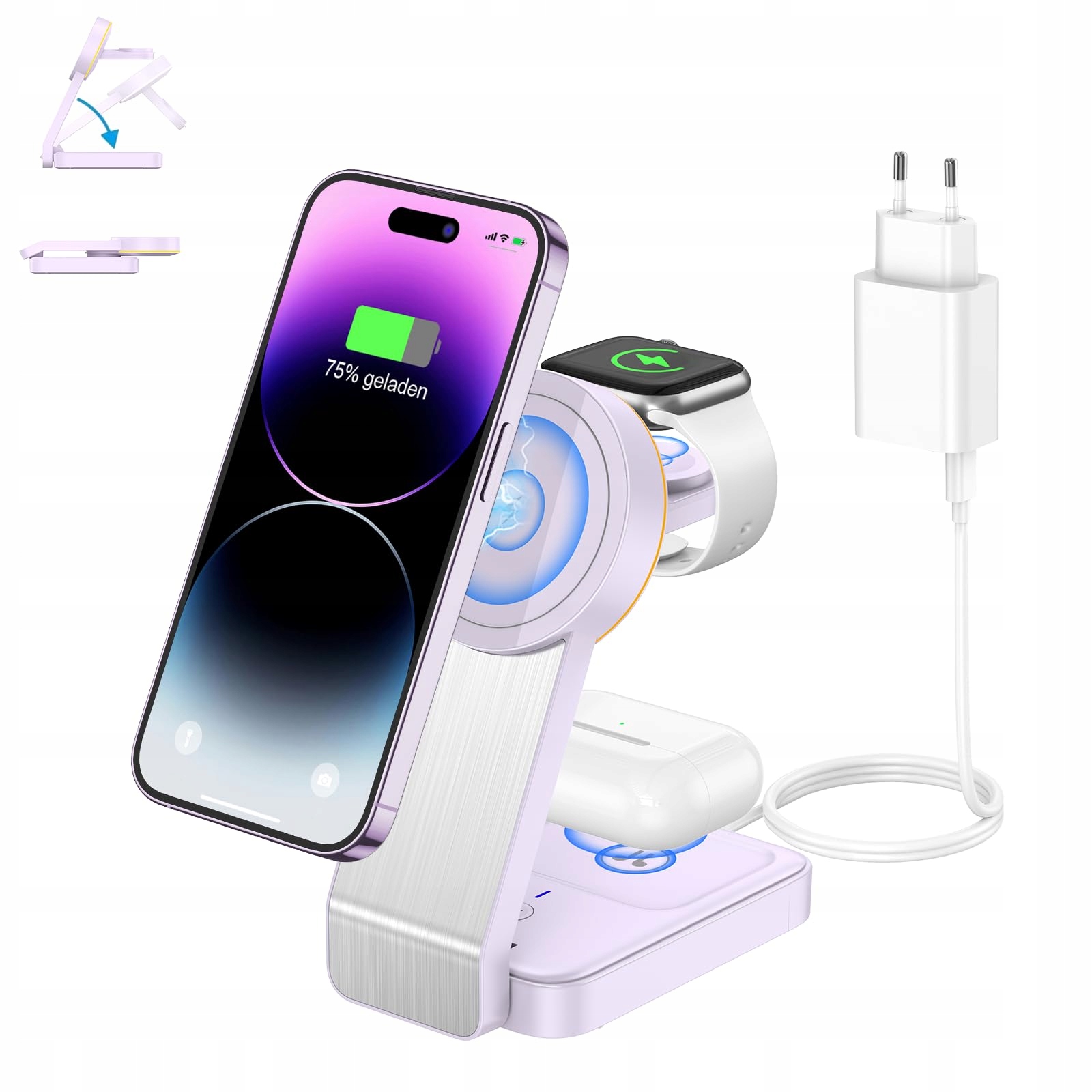 ADADPU Opvouwbare Draadloze Oplader 3-in-1 iPhone Apple Watch