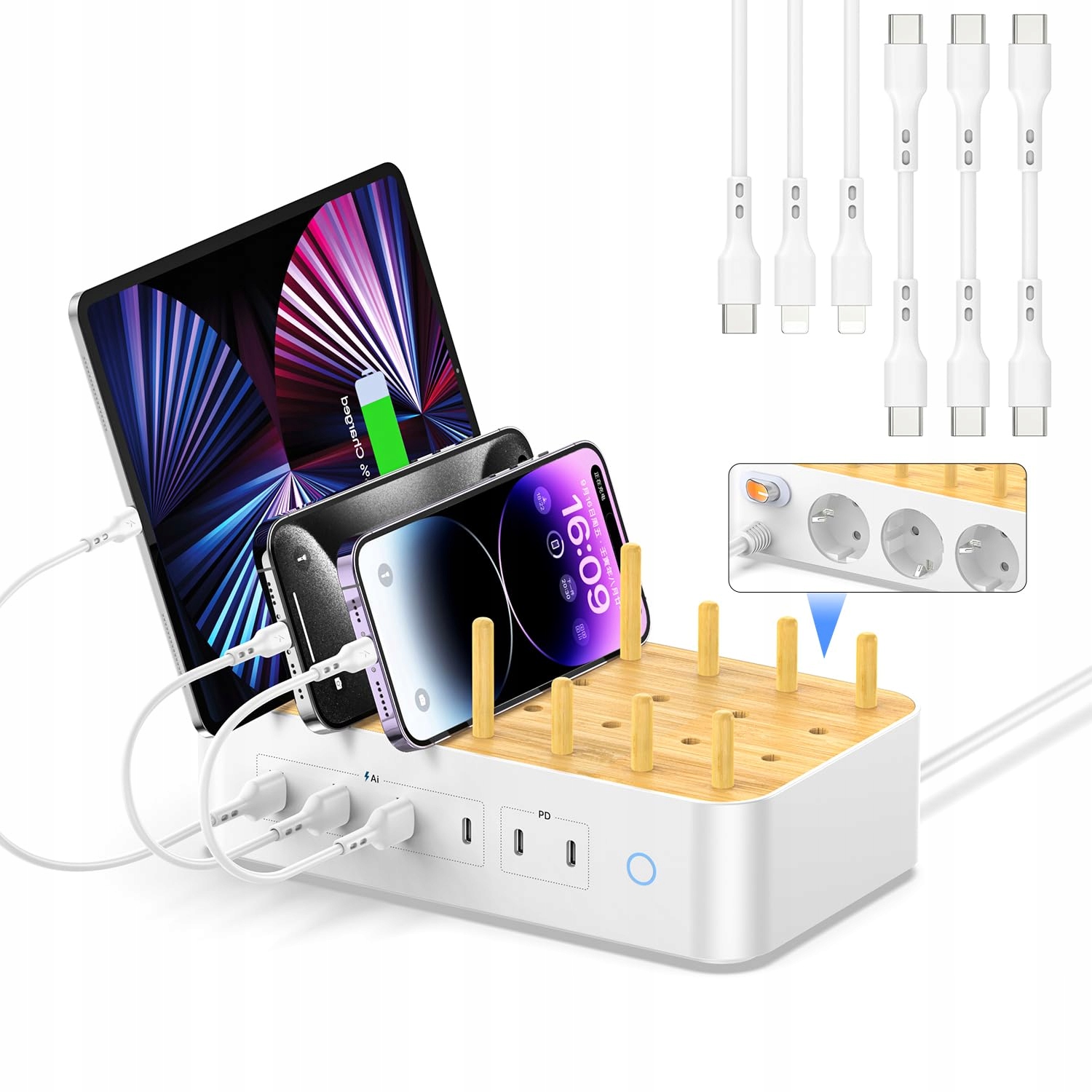 VISIONSYNC Bamboe Oplaadstation USB C 60W 6 Poorten Wit