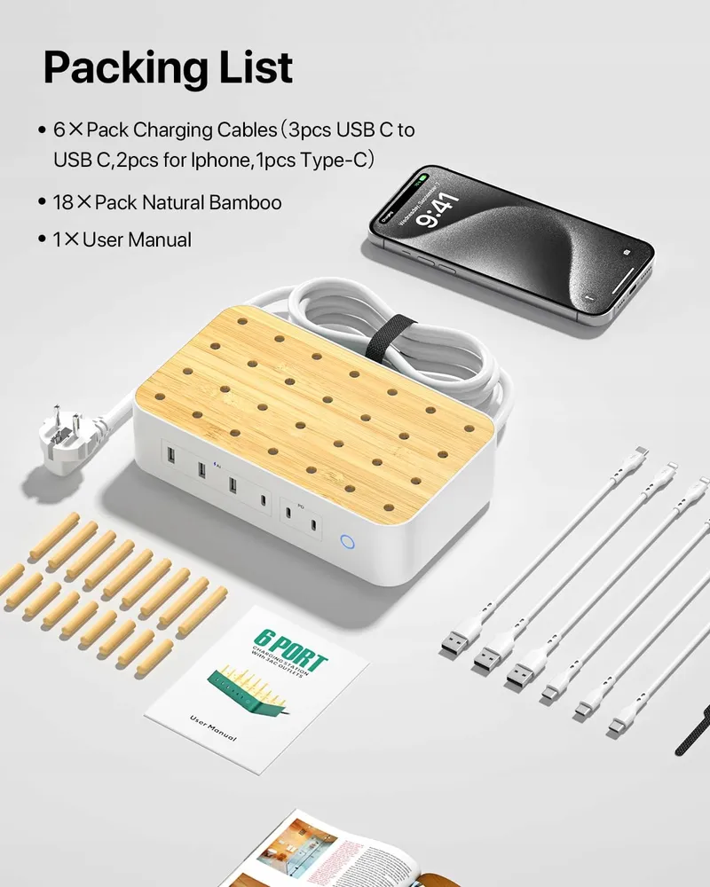 VISIONSYNC Bamboe Oplaadstation USB C 60W 6 Poorten Wit — foto 9