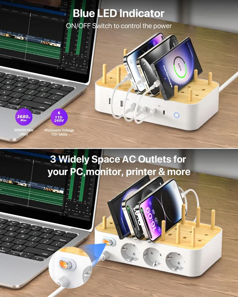 VISIONSYNC Bamboe Oplaadstation USB C 60W 6 Poorten Wit — foto 5