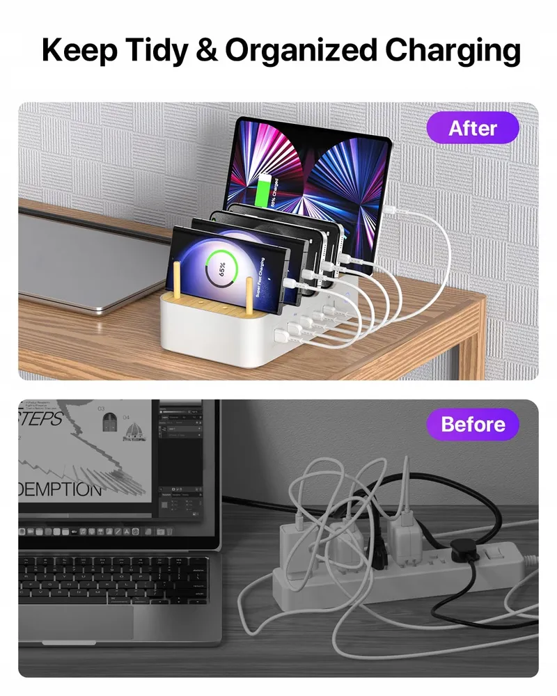 VISIONSYNC Bamboe Oplaadstation USB C 60W 6 Poorten Wit — foto 7