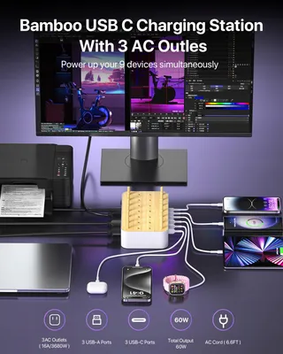 VISIONSYNC Bamboe Oplaadstation USB C 60W 6 Poorten Wit — miniatuur 2