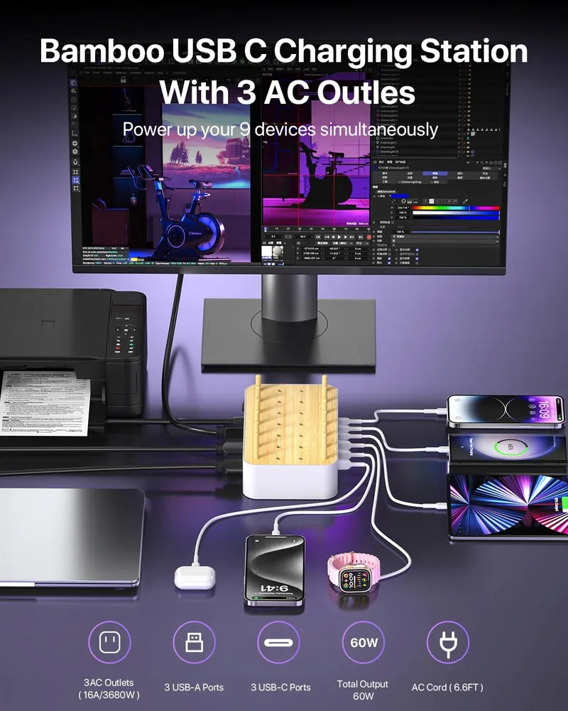 VISIONSYNC Bamboe Oplaadstation USB C 60W 6 Poorten Wit — foto 2