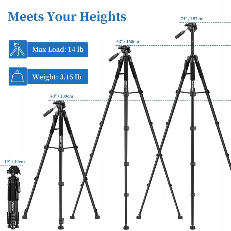 JOILCAN Camerastatief 187cm Aluminium Met Kop En Telefoonhouder — foto 2