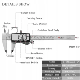 VODLBOV Digitale Schuifmaat 150mm Hoge Precisie RVS LCD — miniatuur 1