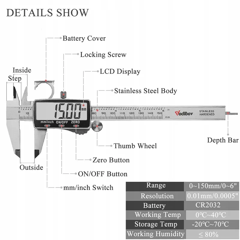 VODLBOV Digitale Schuifmaat 150mm Hoge Precisie RVS LCD — foto 1