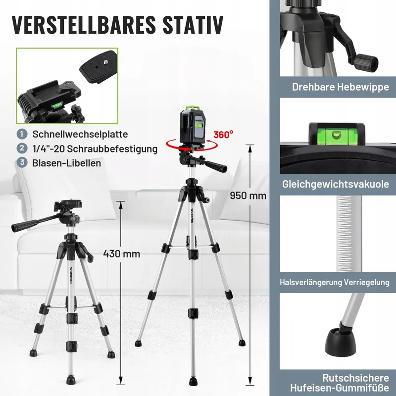 WORKPRO 360 Laserwaterpas Groen Kruislijn 30m Met Statief — foto 3