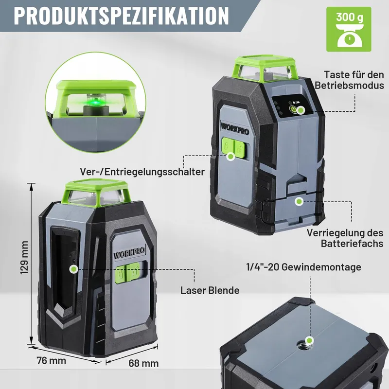 WORKPRO 360 Laserwaterpas Groen Kruislijn 30m Met Statief — foto 2