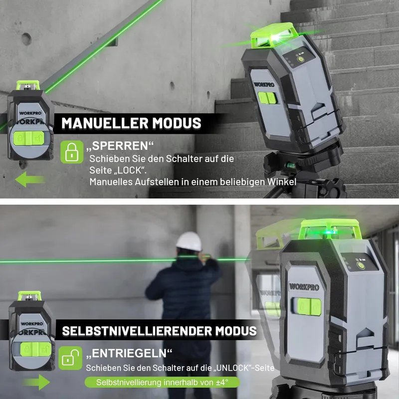 WORKPRO 360 Laserwaterpas Groen Kruislijn 30m Met Statief — foto 4