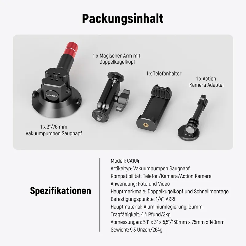 NEEWER CA104 Camerahouder 3 Inch Zuignap Magic Arm GoPro Adapter — foto 7