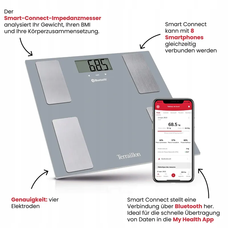 TERRAILLON Bluetooth Weegschaal Lichaamsanalyse BMI 8 Gebruikers Grijs — foto 2