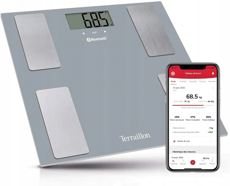 TERRAILLON Bluetooth Weegschaal Lichaamsanalyse BMI 8 Gebruikers Grijs — foto 1