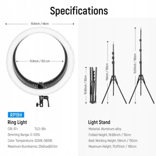 NEEWER 19 Inch Ringlicht Statief 3 Telefoonhouders 3200K-5600K — miniatuur 8
