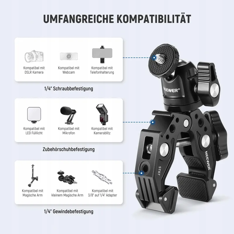 NEEWER Superklem met Kogelkop Houder Telefoon GoPro DJI iPhone 15 — foto 4
