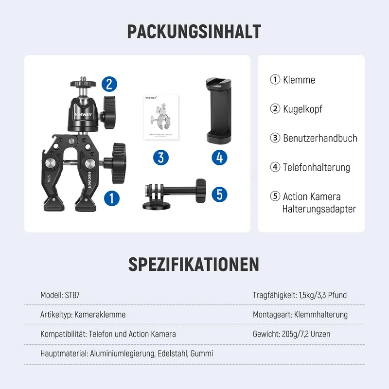 NEEWER Superklem met Kogelkop Houder Telefoon GoPro DJI iPhone 15 — foto 8