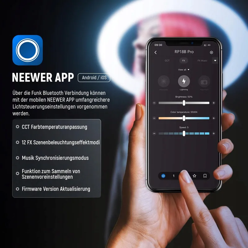 NEEWER Professionele Ringlamp 18 Inch 45W Statief Telefoonhouder App — foto 5